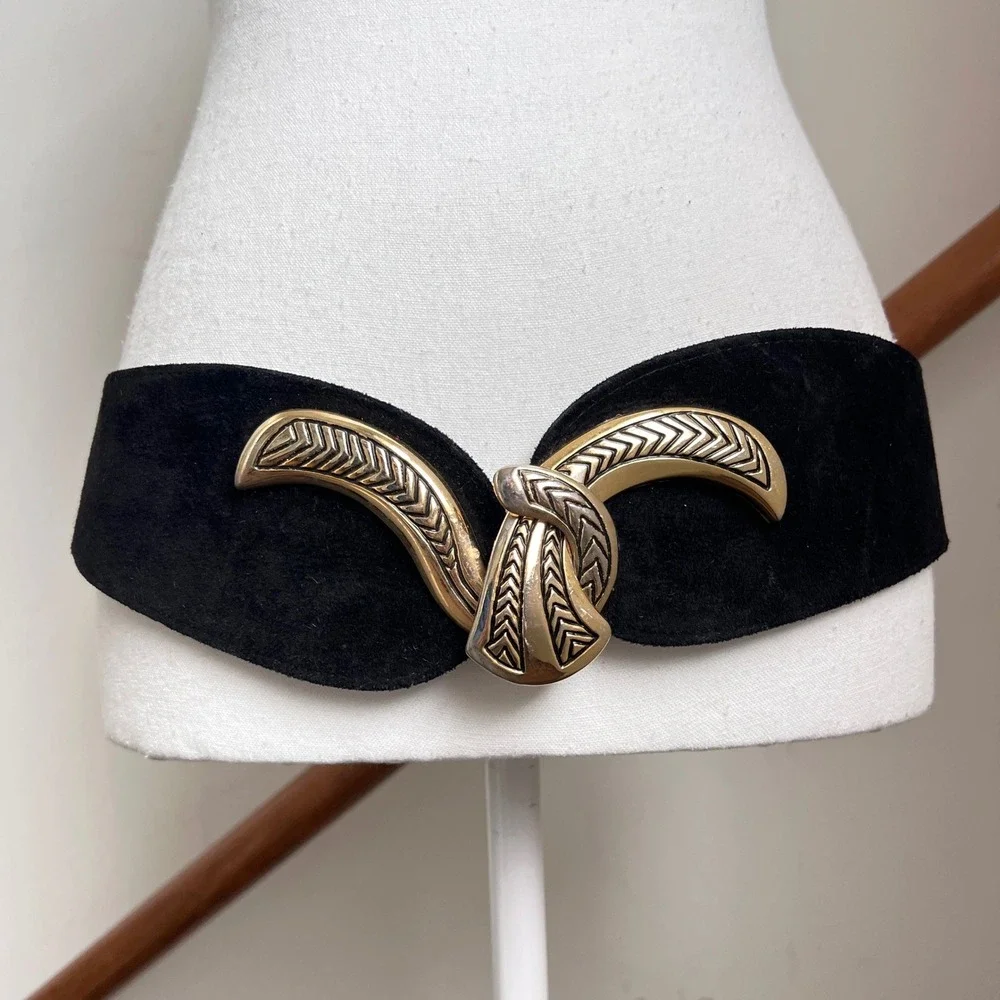 Vintage 80s Statement Belt Black Suede Leather Gold Ornate Buckle Wide Thick